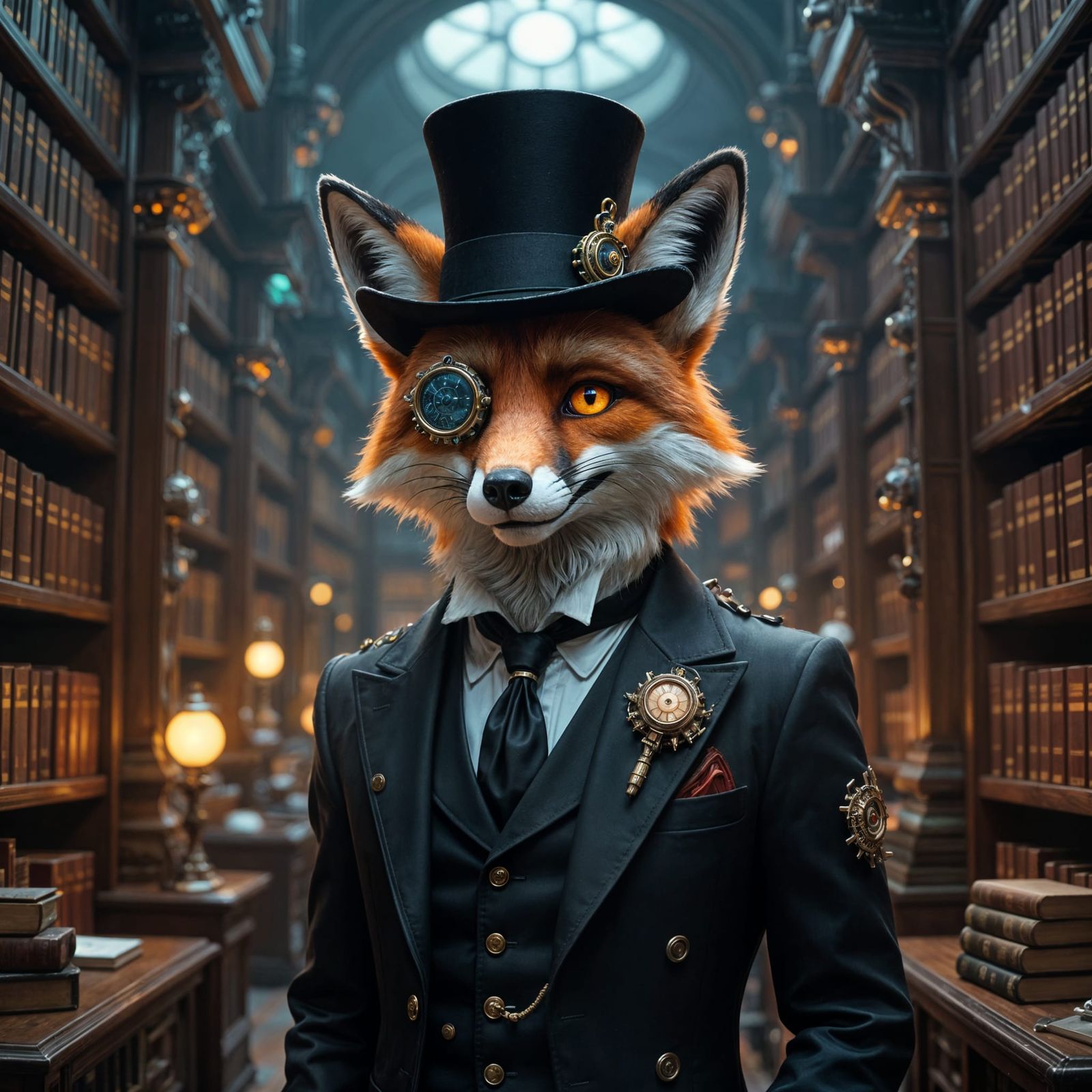 Steampunk Fox in Cyberpunk Library
