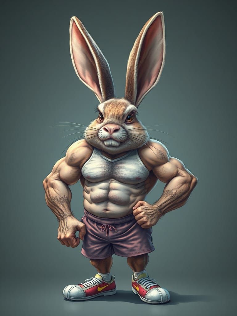 Humorous Muscular Giant Rabbit Caricature