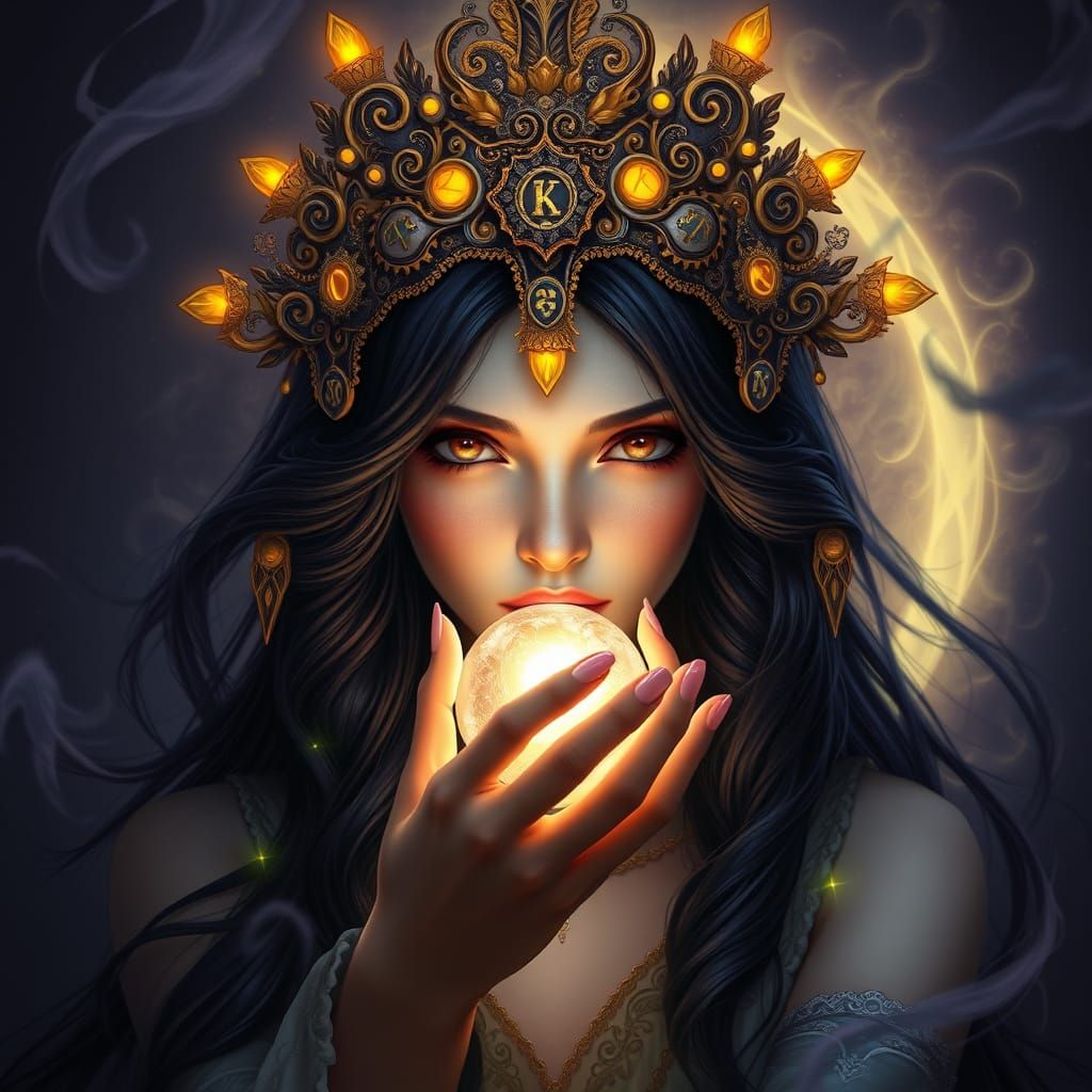 Mystical Sorceress with Glowing Orb in Baroque-Inspired Head...