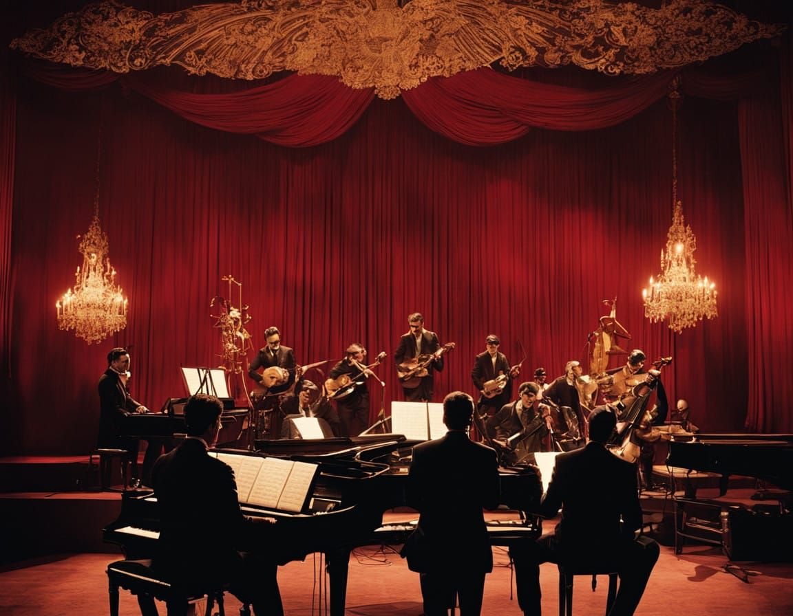 Grand Cinematic Orchestra Scene in Whimsical Film Still Styl...