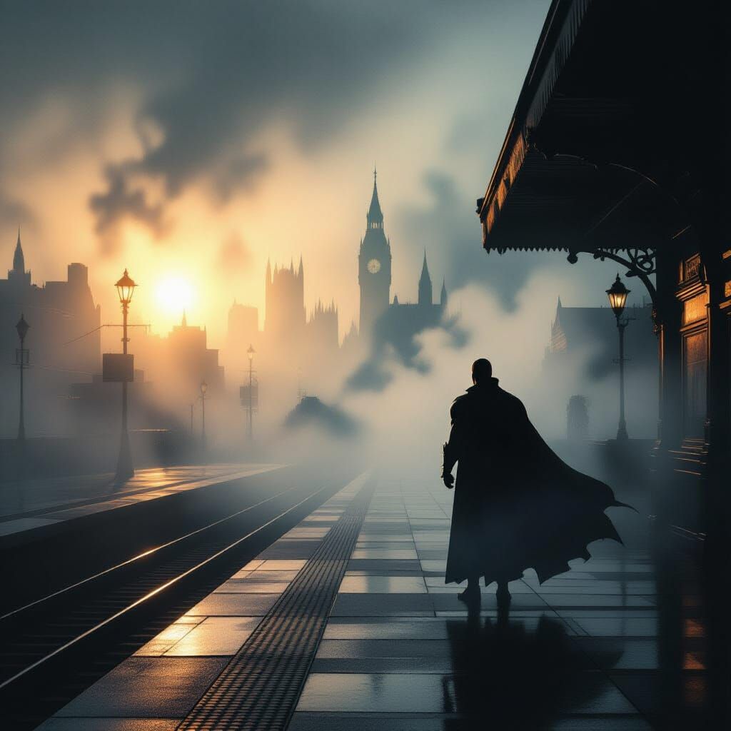 Superhero Silhouette in Ethereal Fog at Train Station