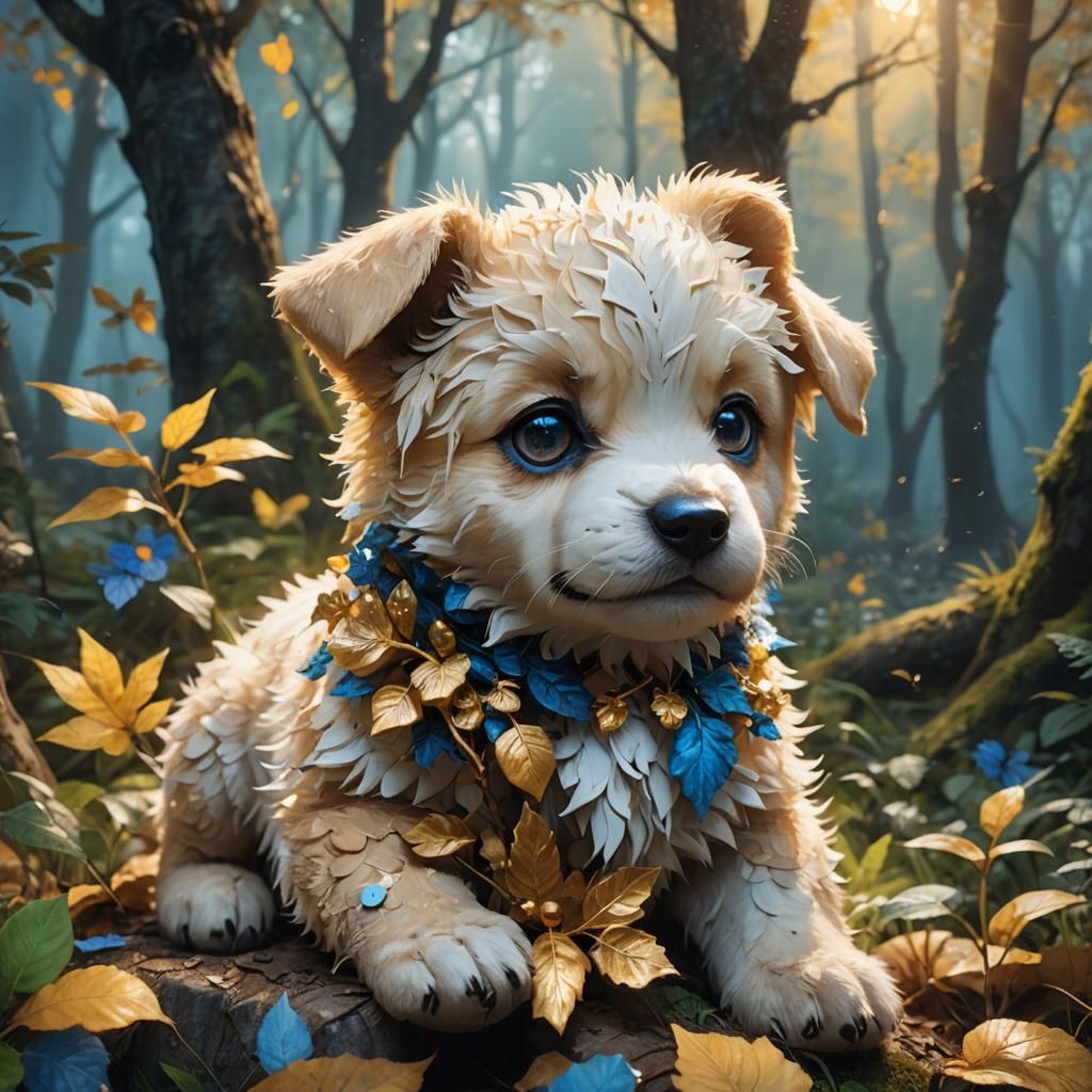 Puppy and Teddy Bear in Magical Forest