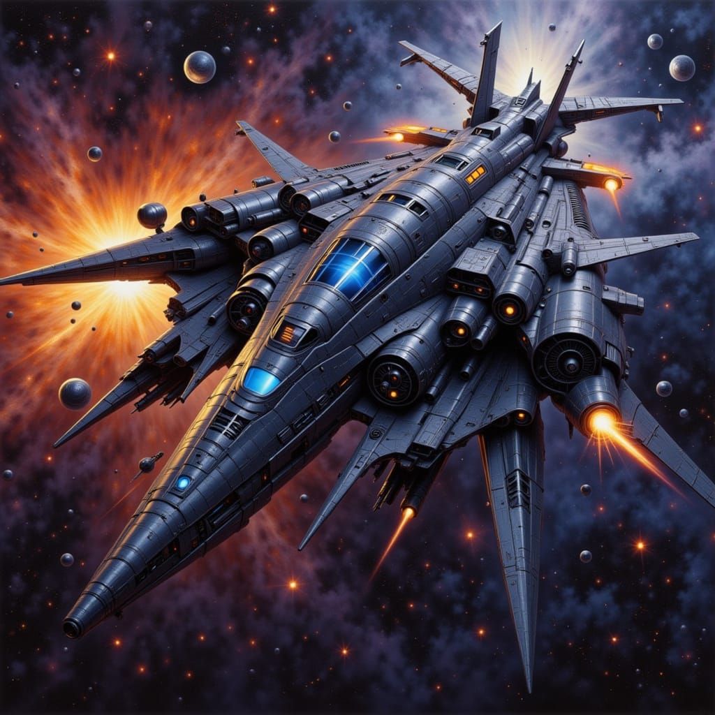 Sleek Metallic Spaceship Soars Through Vibrant Nebula