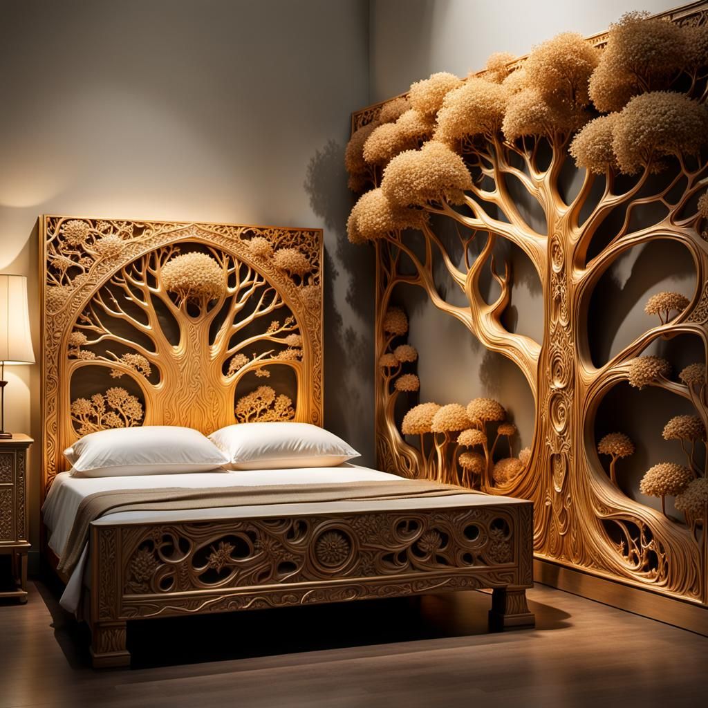 Ornate Wood Relief Bed Frame with Forest Scene