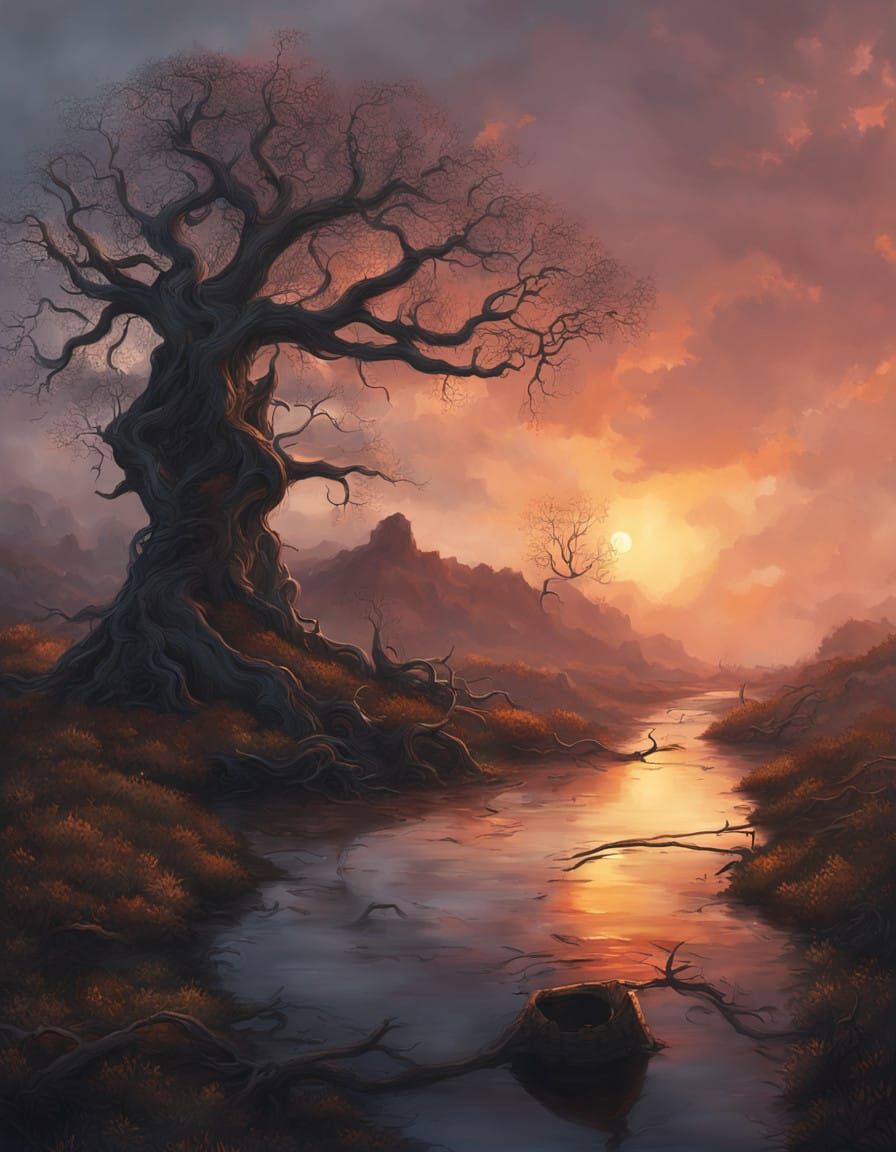 Surreal Moonlit Stream with Twisted Tree and Lonely Boat