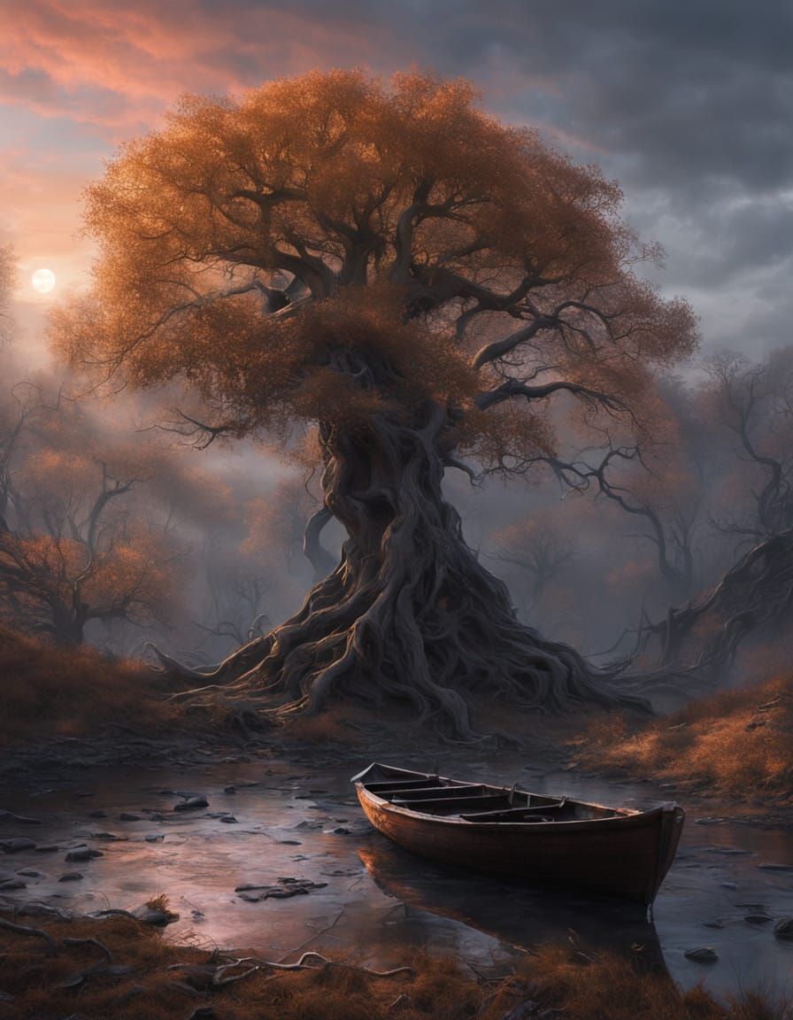 Surreal Deserted Landscape with Ancient Tree and Lonely Boat...