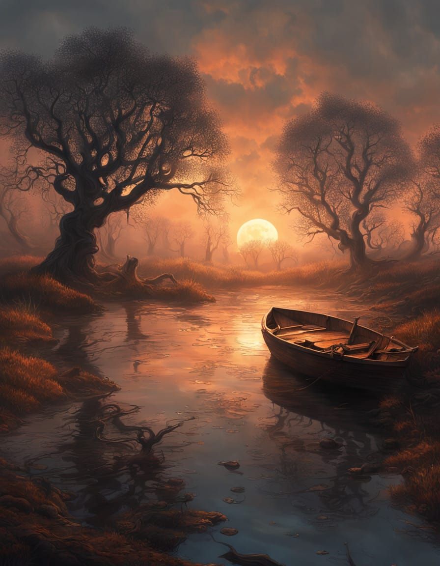 Ethereal Moonlit Stream in Hauntingly Beautiful Surreal Land...