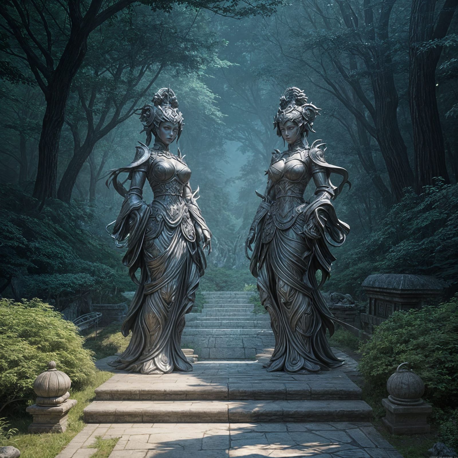 Anime Sphinx Guardians in a Valley Pathway