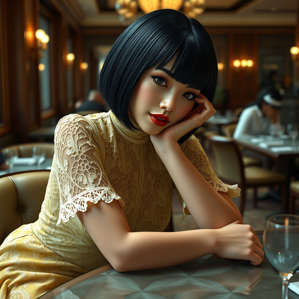 Elegant Woman in Yellow Lace Dress, Digital Art