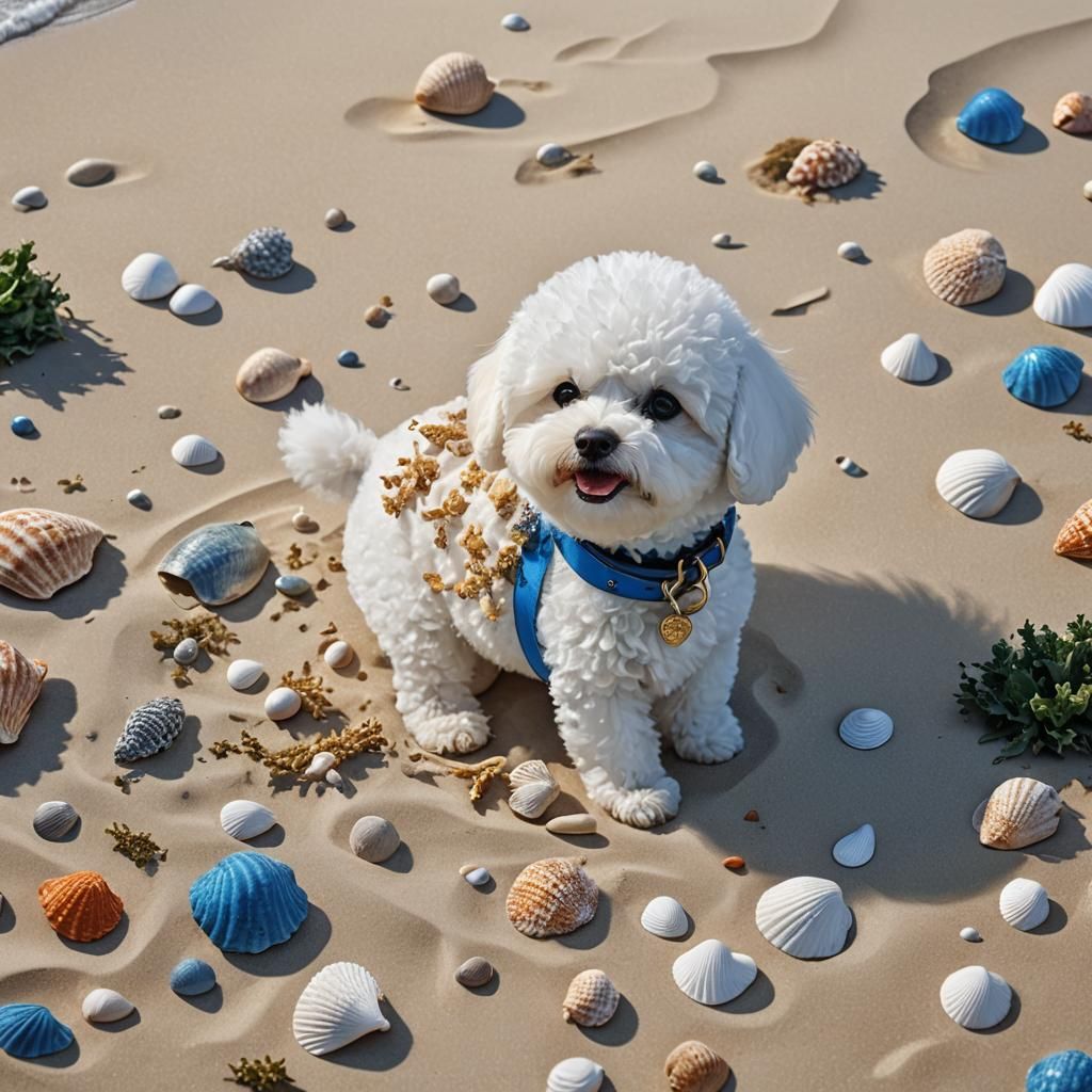 Bichon Frise Puppy on a White Sandy Beach