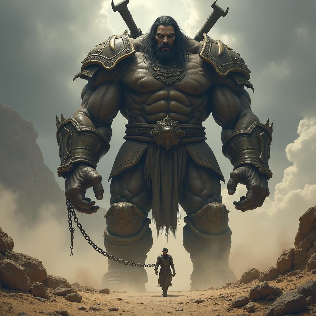 Giant Warrior and Human Companion in Barren World