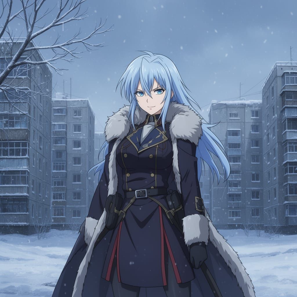 Esdeath in Winter Soviet City, Detailed Anime Style