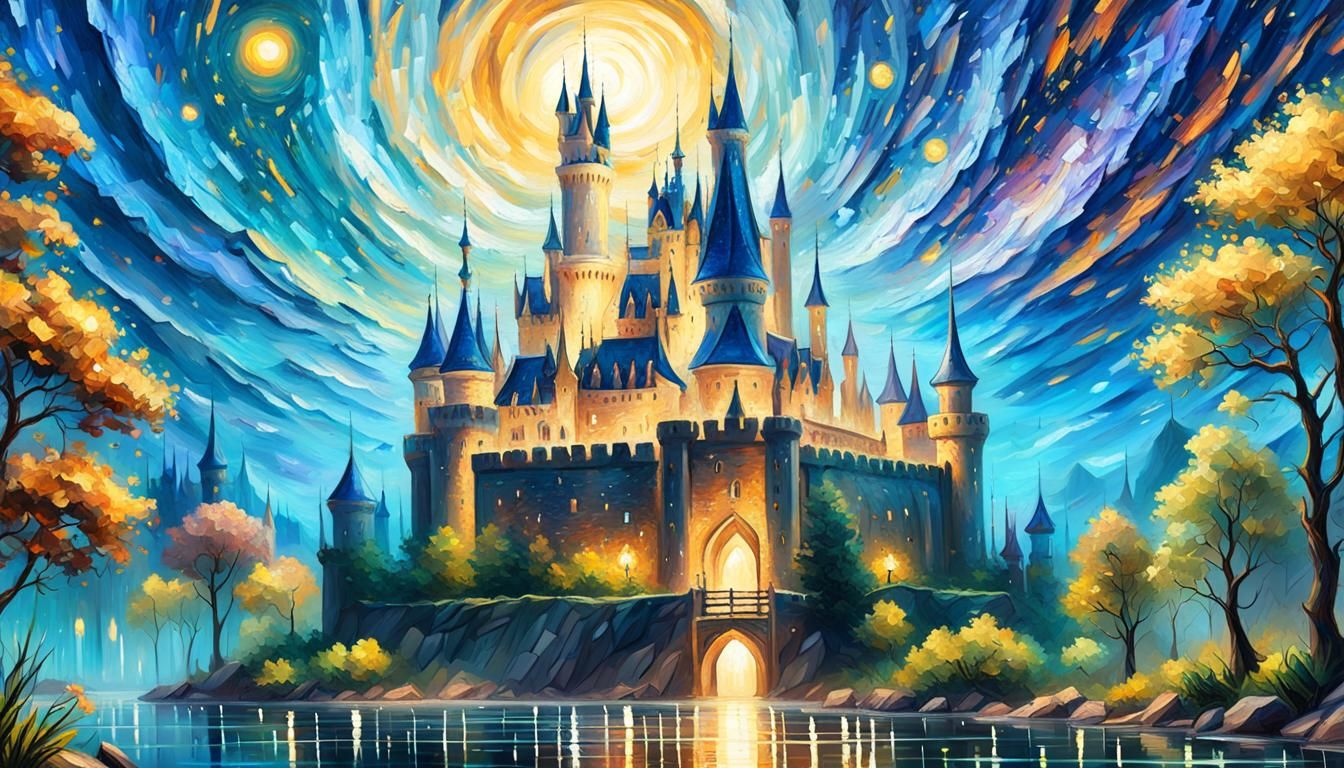 Fantasy Castle Close-Up in Palette Knife Oil Painting Style