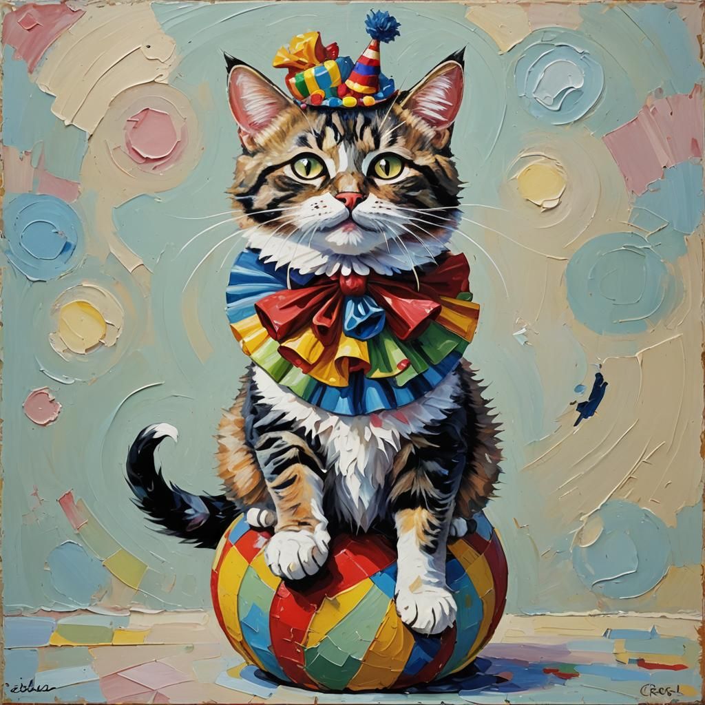 impasto expressionist oil painting of an adorable circus cat