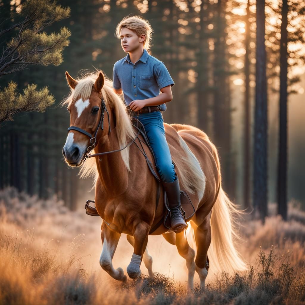 Boy Rides Horse Through Heath at Sunset