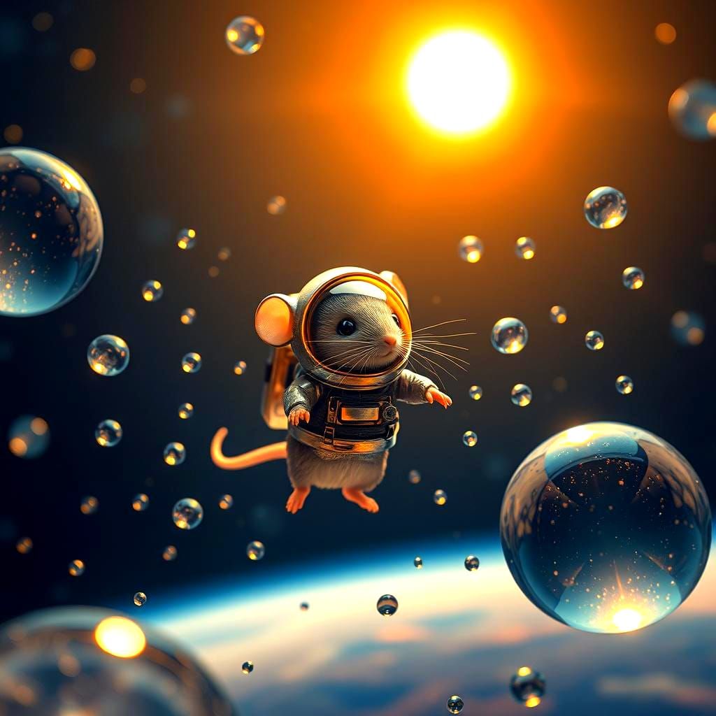 Mouse in Spacesuit Orbiting Water Droplets