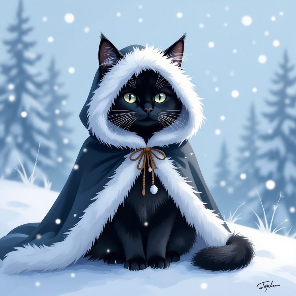 Regal Black Cat in Snowy Landscape, Dreamy Watercolor Art