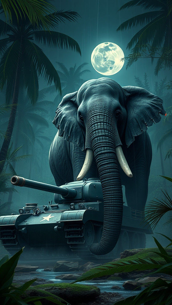 Majestic Encounter: Elephant and Tank Under the Moonlight