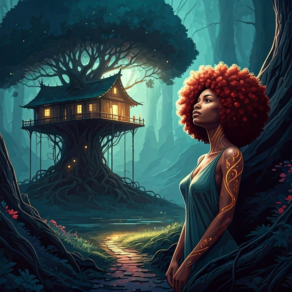 Beautiful black woman fractal. Red hair. Magic tree house.  ...