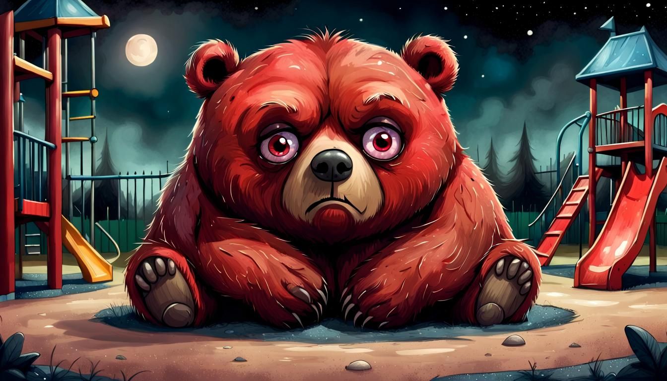 A Big Red Bear's Annoyed Rest in a Vibrant Playground