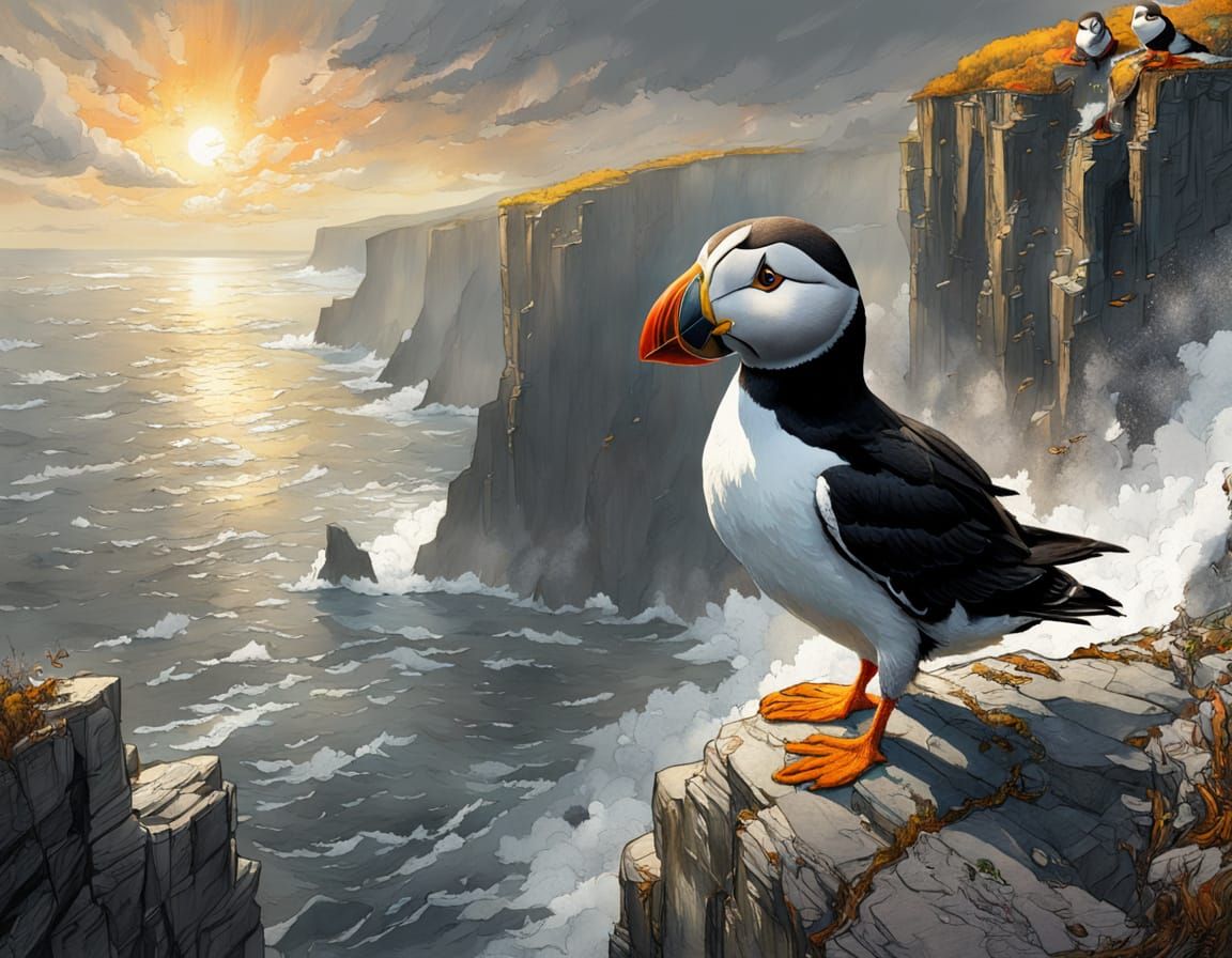 Puffin on Cliff with Raging Sea, Hyperrealistic Splash Art