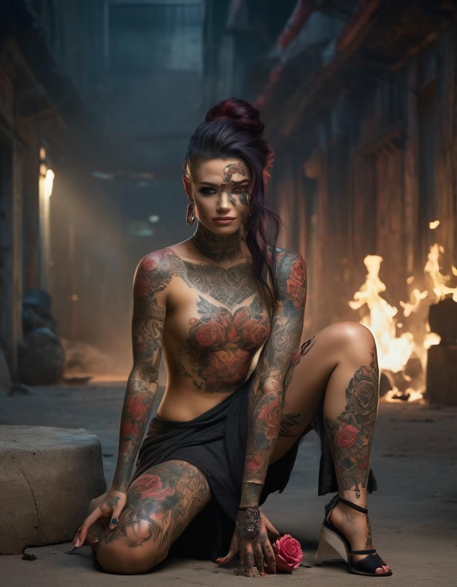 Tattooed Warrior Woman with Roses, Professional Photography