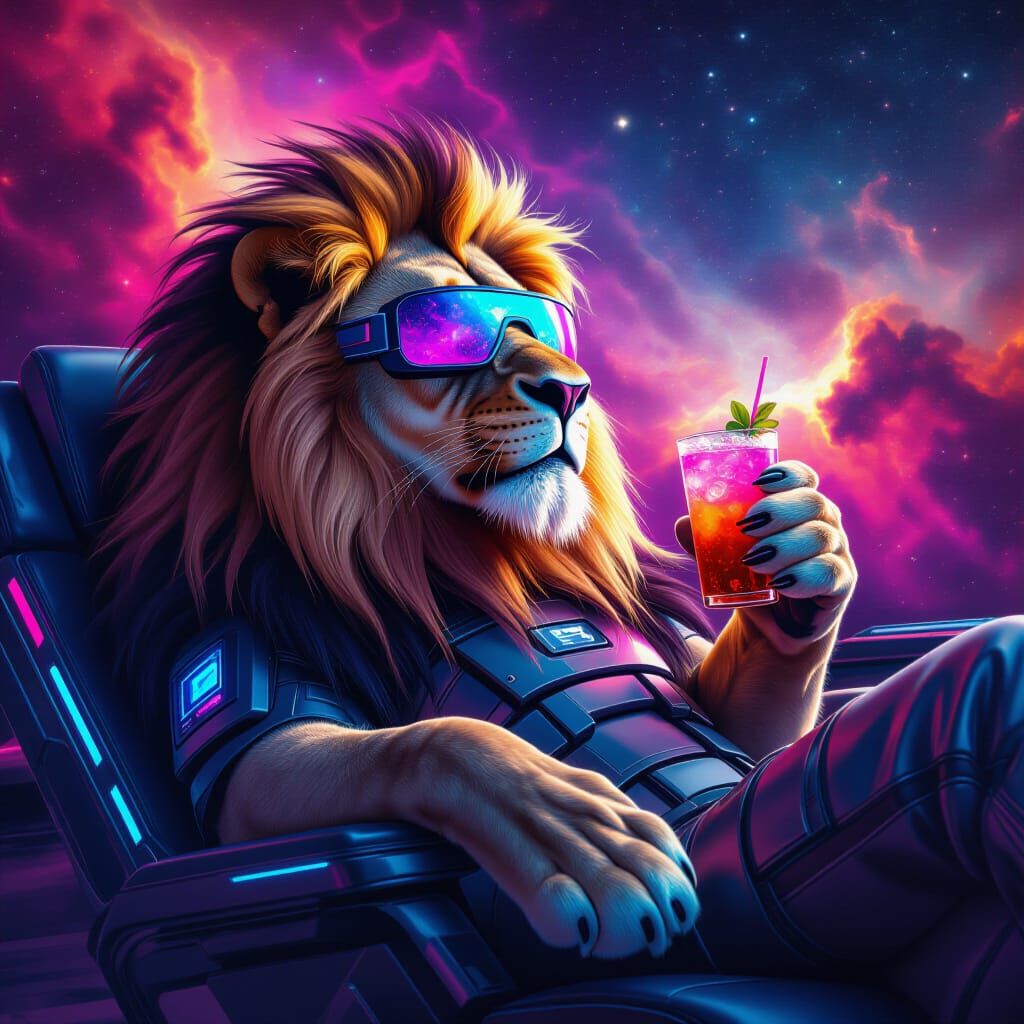 Lion Lounging in Space: Hyperrealistic Futuristic Art