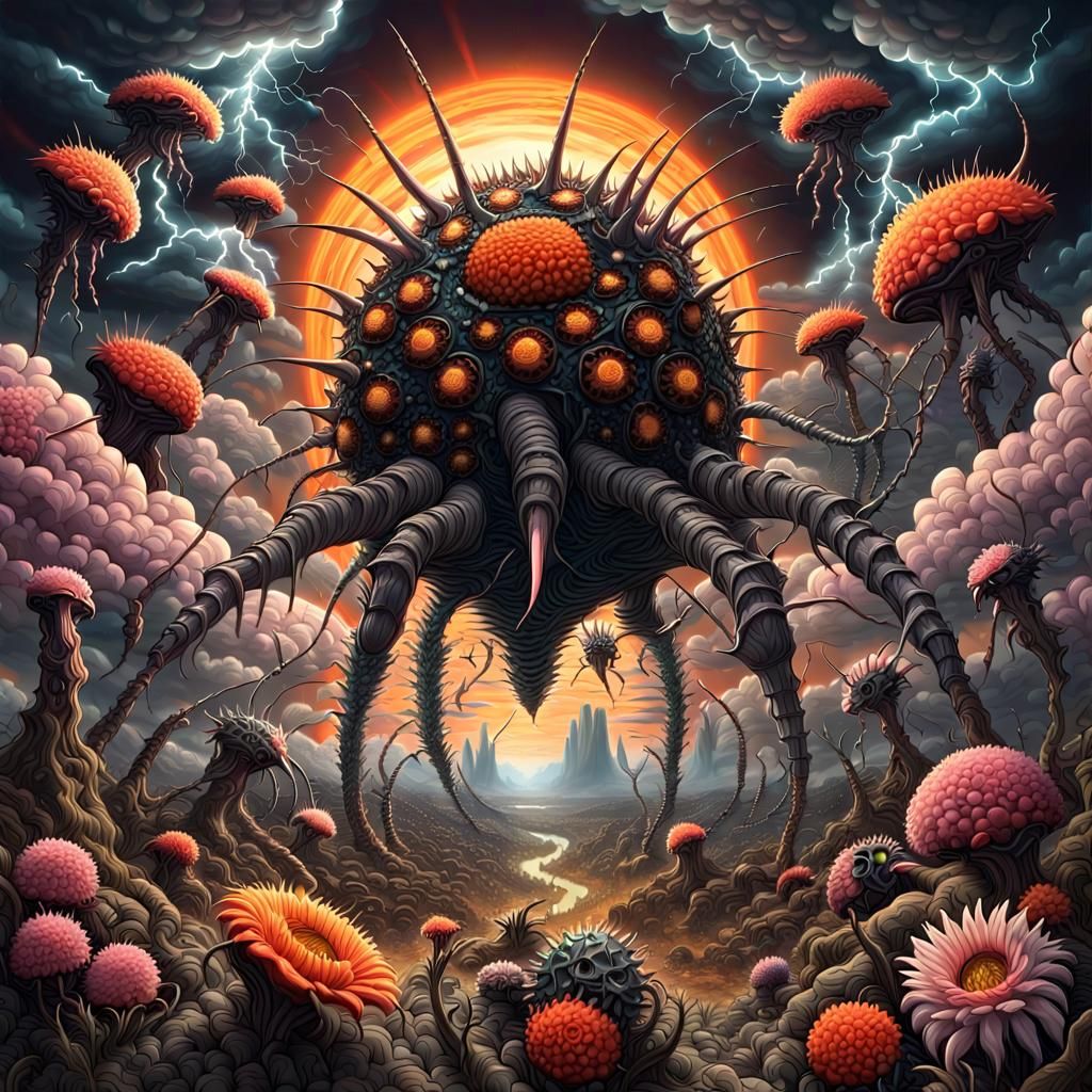 Surreal Alien Landscape with Giant Insectoids