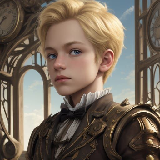 Steampunk Boy Portrait with Engine Close-Up
