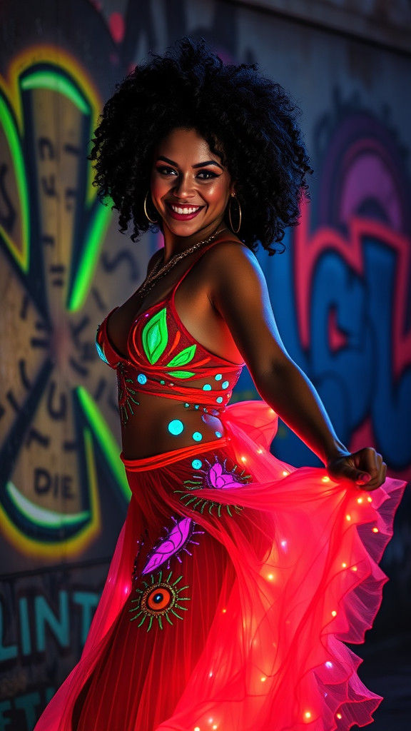 Cuban Dancer Radiating Neon Glow in Urban Graffiti