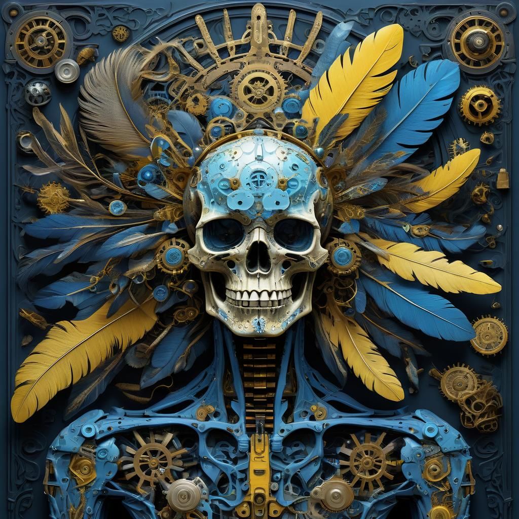 Ornate Hybrid Figure with Skulls and Gears