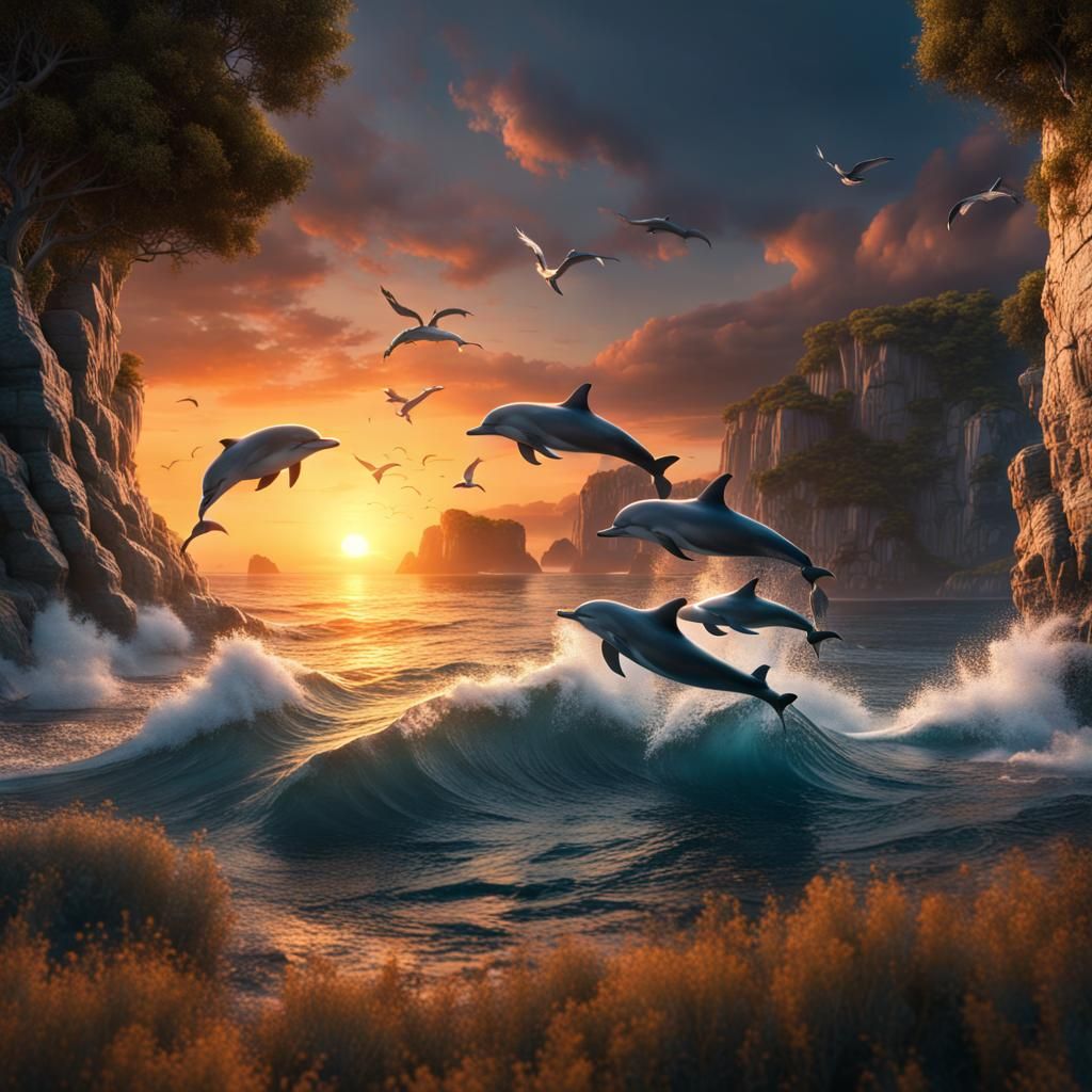 Sunset Cove: Dolphins and Seagulls in Detailed Matte Paintin...