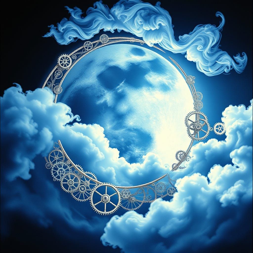 Steampunk Crescent Moon in Velvet Night Sky