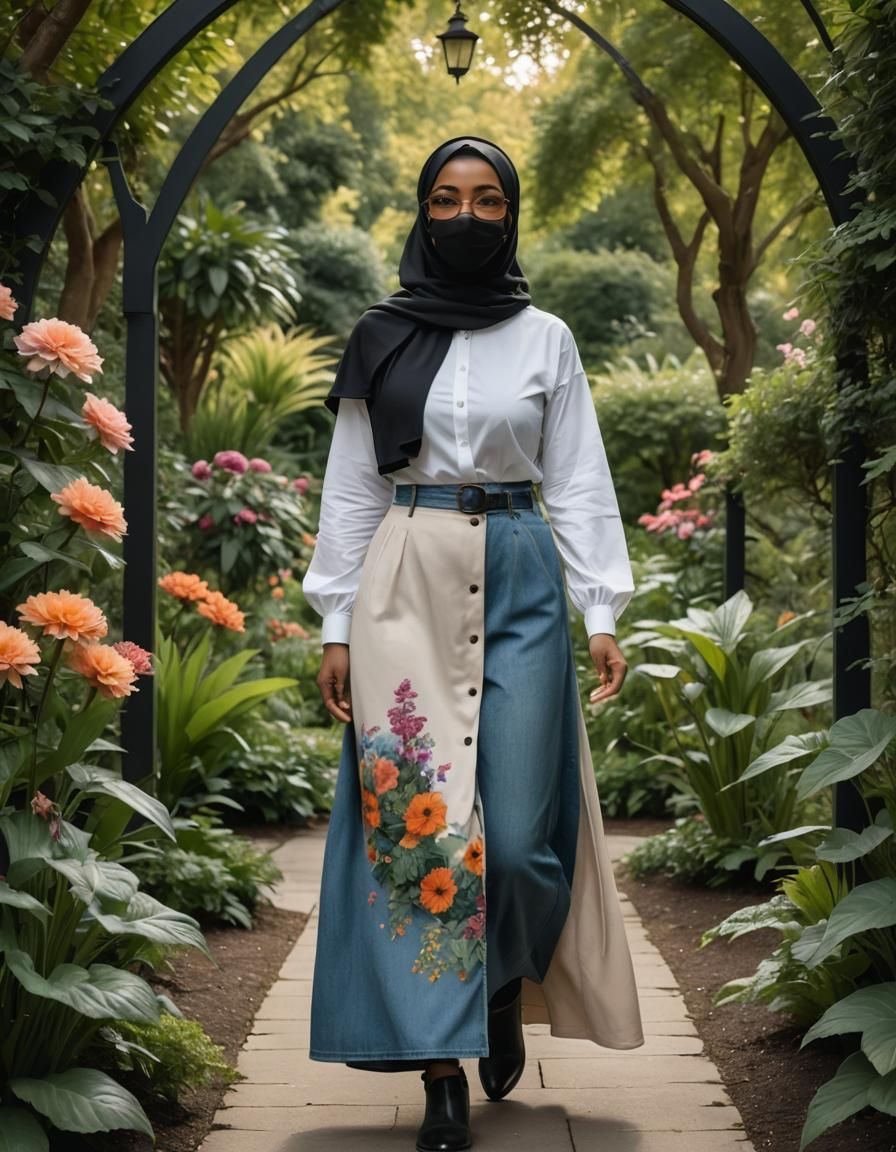 Mystic Garden Stroll: Hijabi Woman in Botanic Setting