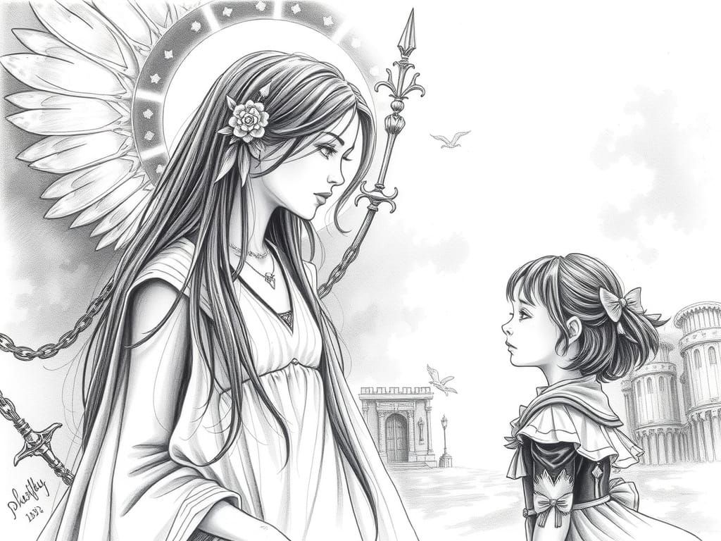 Divine Protector Watches Over Daughter in Pencil Sketch Styl...
