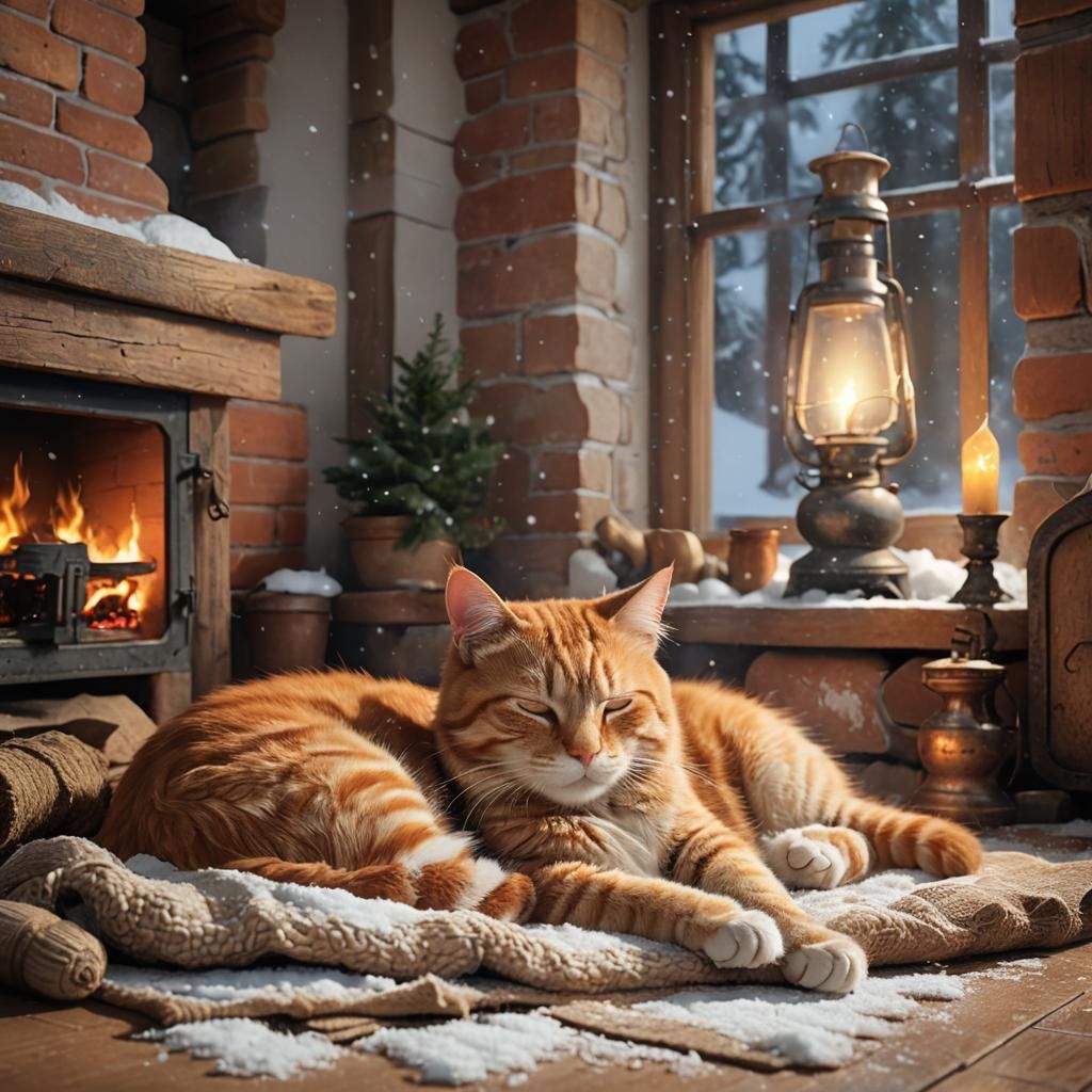 Ginger Cat Sleeping by Fireplace: 3D Rendered
