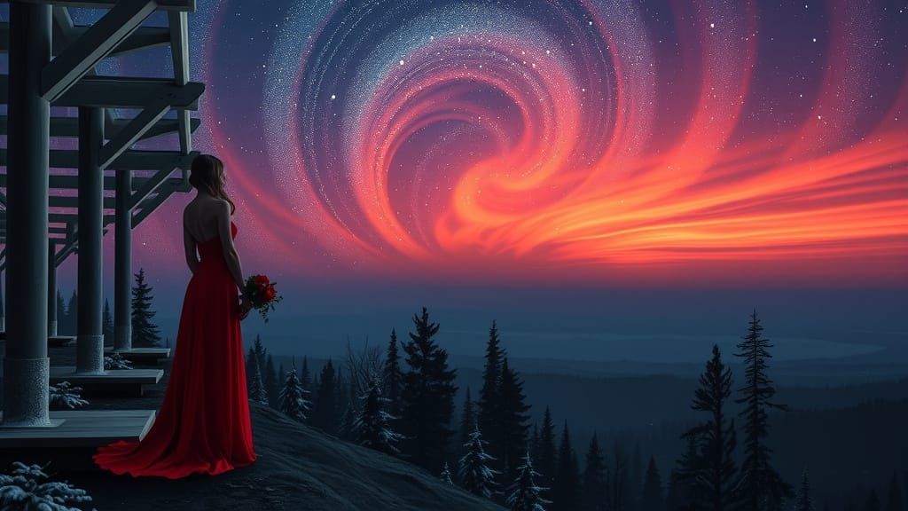 Vibrant Pointillist Portrait of a Woman in a Red Dress at a ...