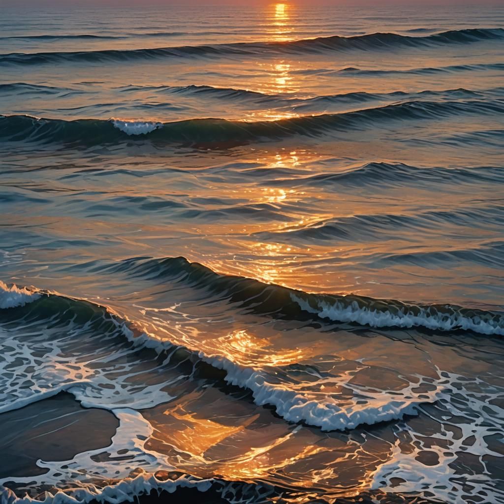 Golden Sunrise Over Ocean Waves: Hyperrealistic Seascape