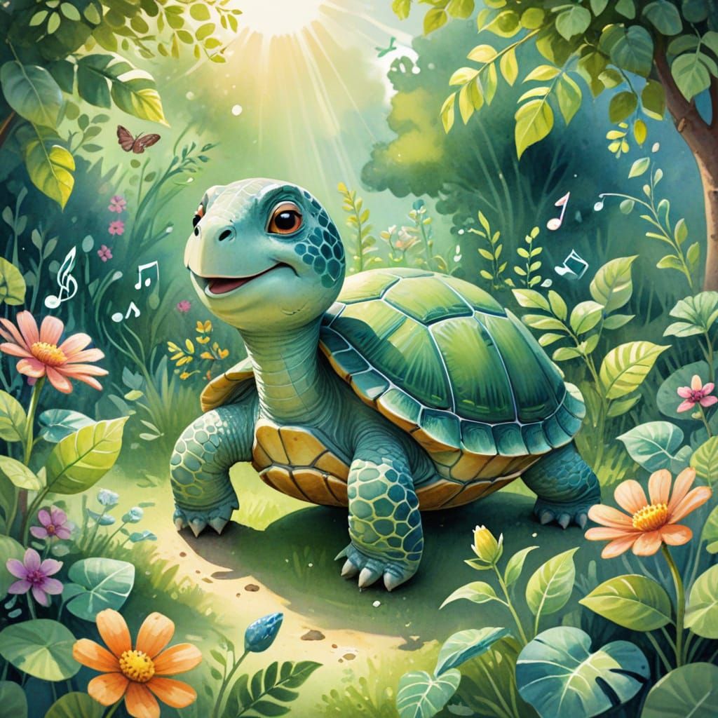 Singing Turtle in Garden: Whimsical Watercolor Illustration
