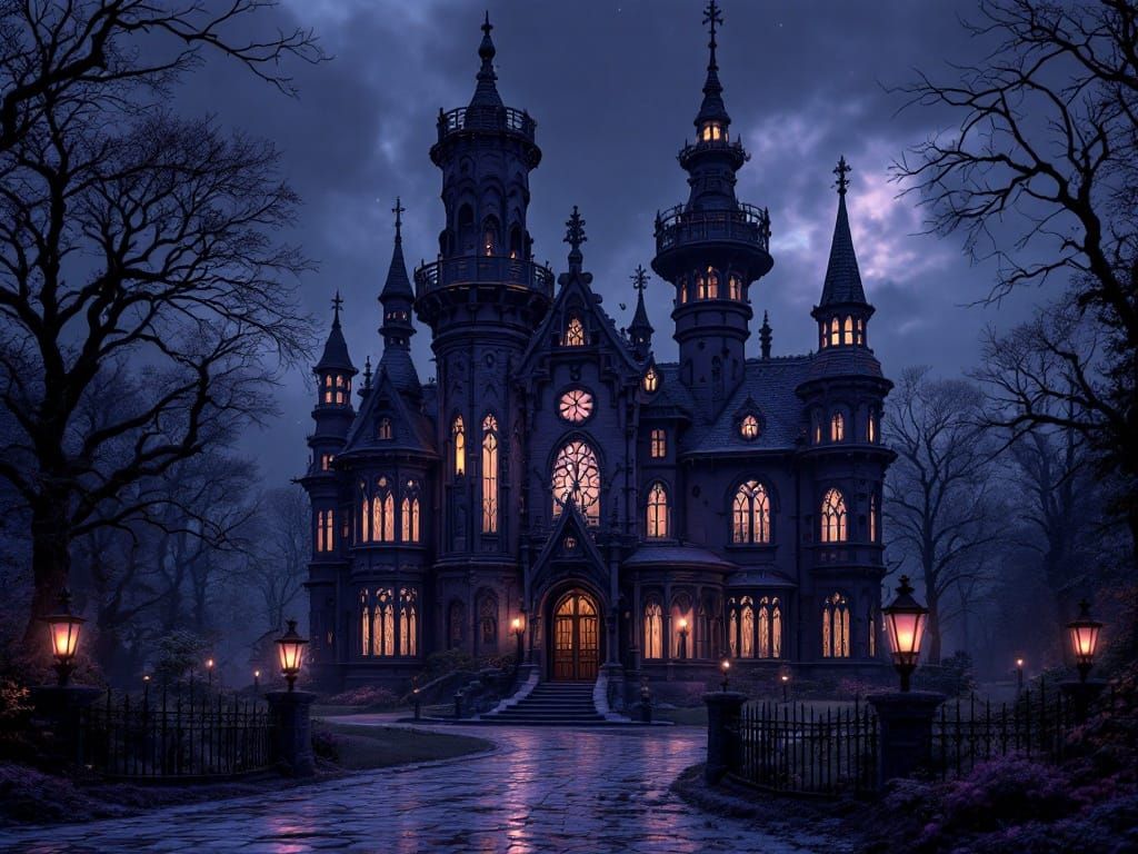 Ethereal Gothic Mansion at Night, Illuminated in Darkness