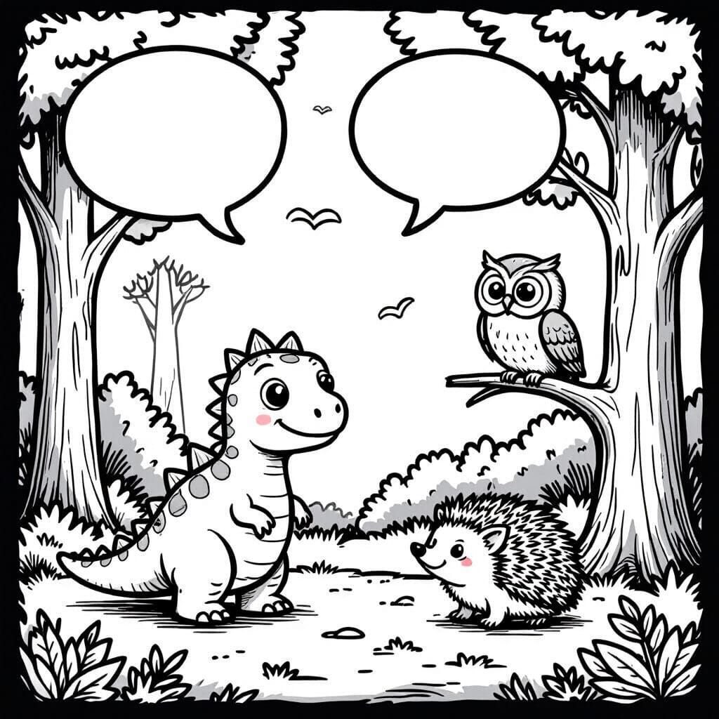 Friendly Animals Coloring Page: Dinosaur, Owl, Hedgehog