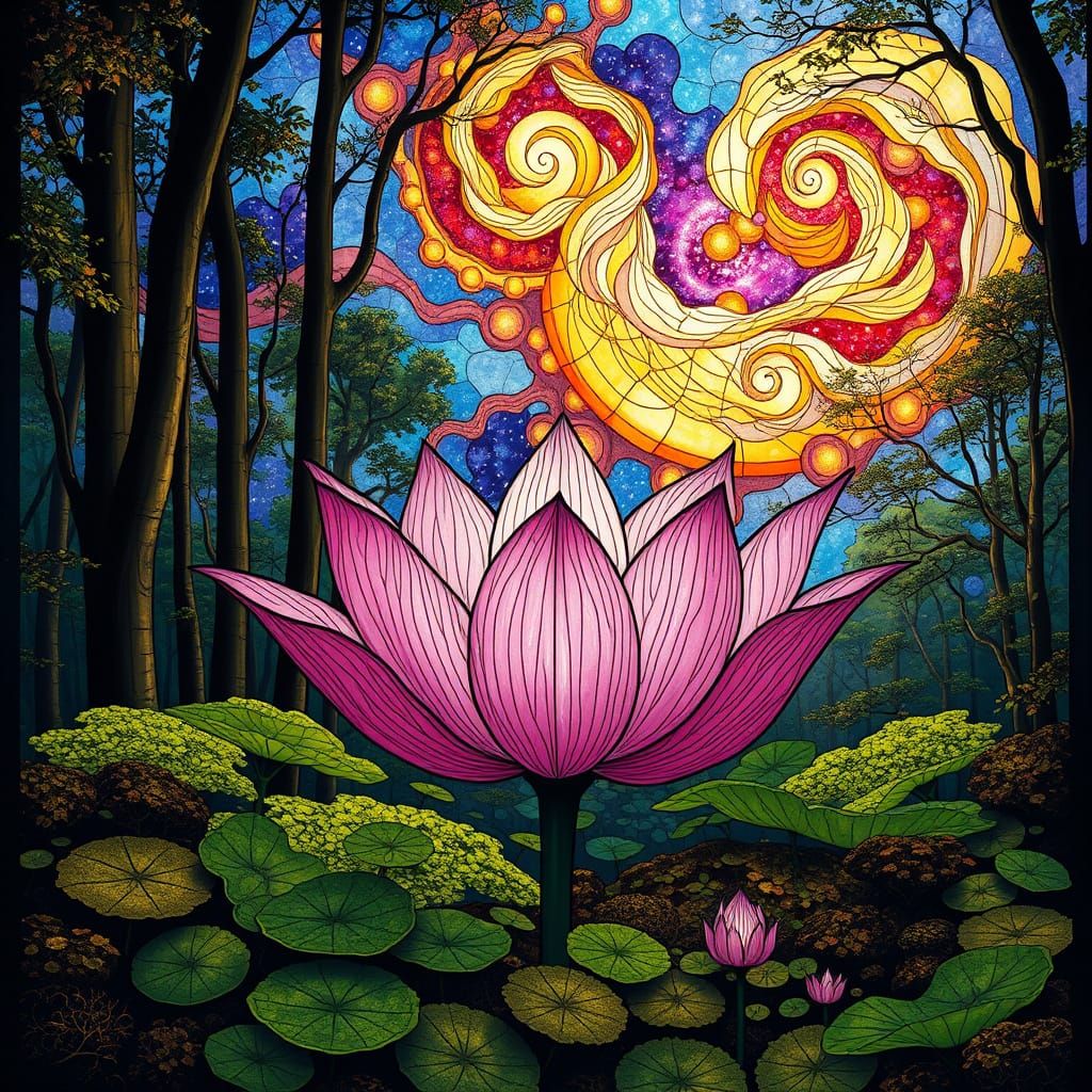Surreal Forest Oasis with Stained Glass Lotus and Nebulae