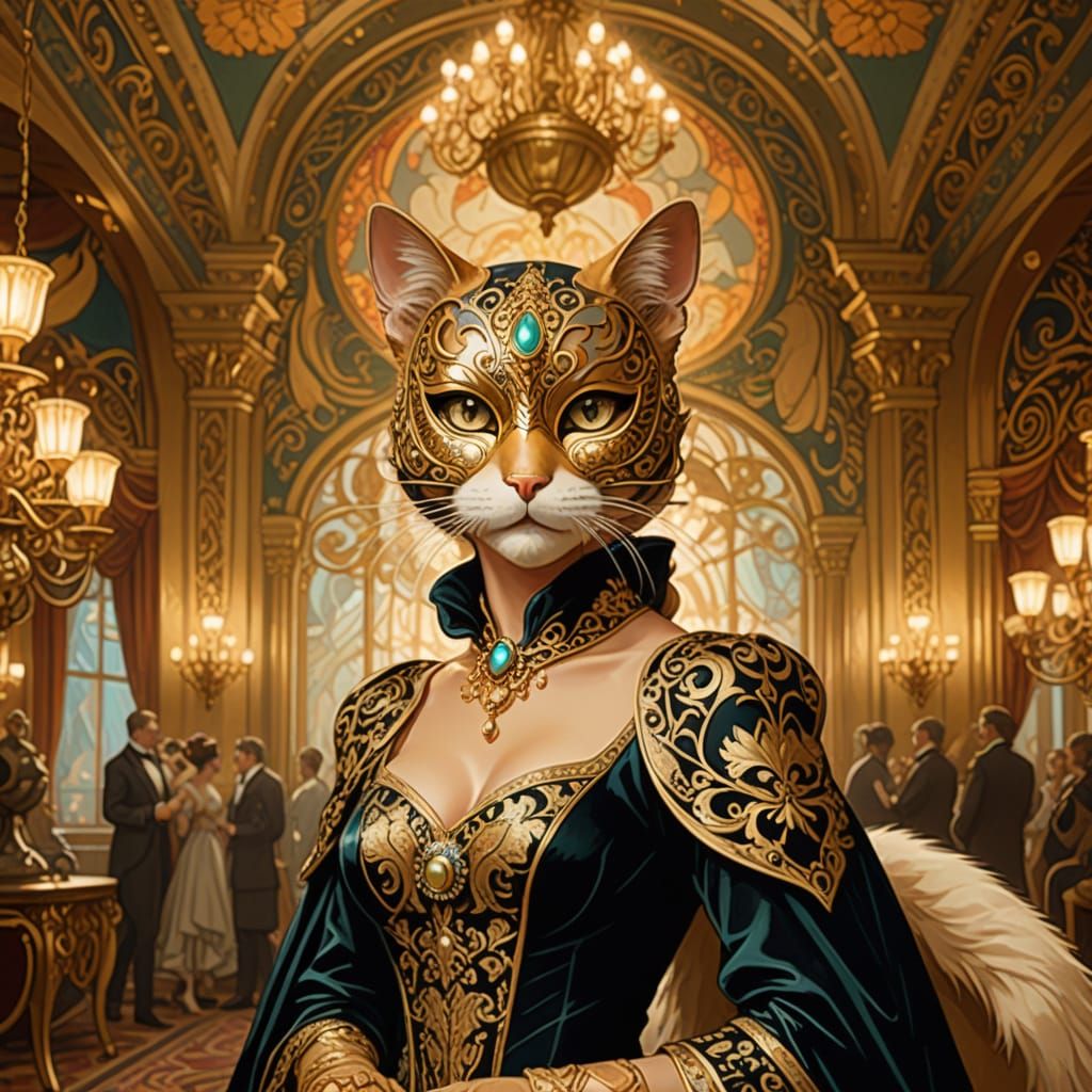 Elegant Cat in Masquerade Ball Attire, Art Nouveau Style