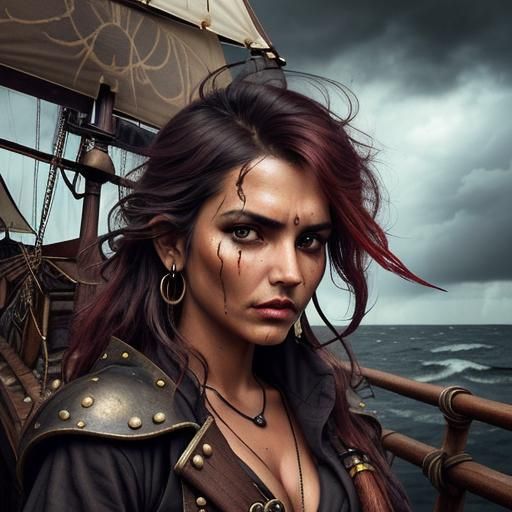 Steampunk Tribal Girl on Pirate Ship in Stormy Sky