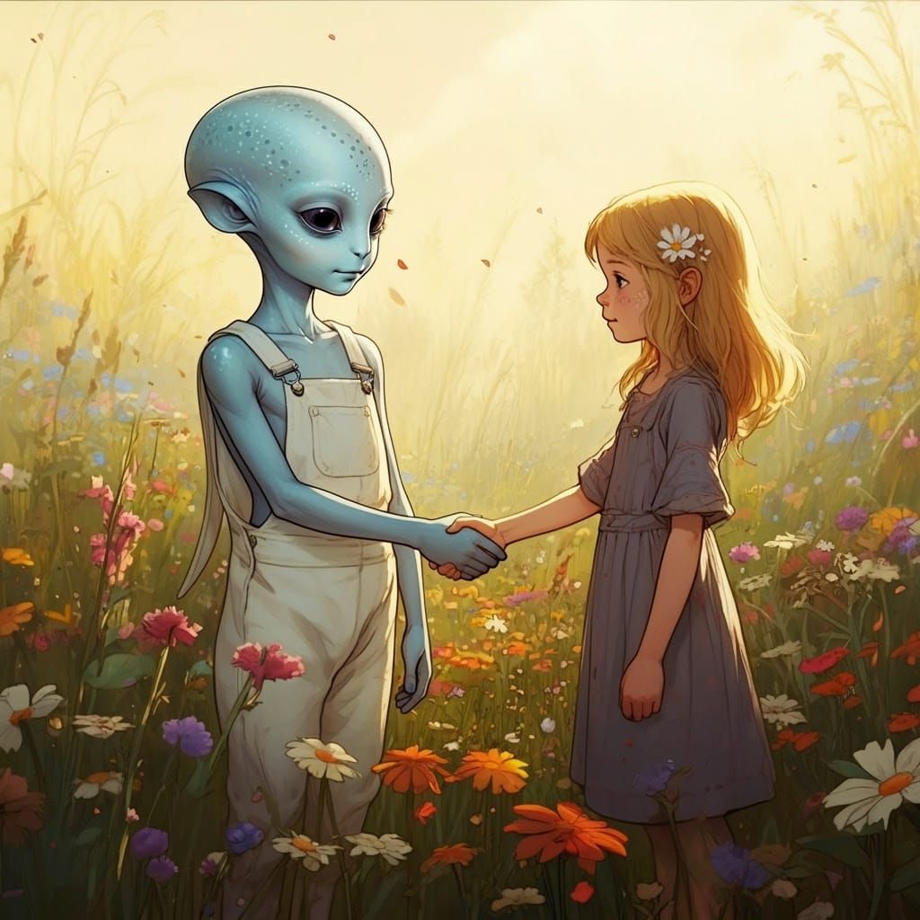 Whimsical Alien Friend in a Lush Meadow