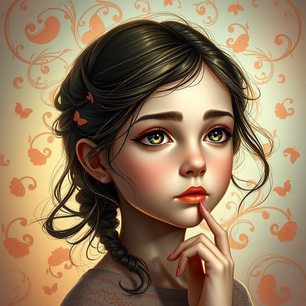 Young Girl in Whimsical, Dreamy Art Nouveau Portrait