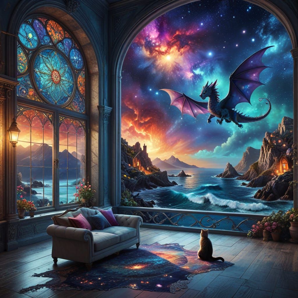 Ethereal Nighttime Sanctuary with Baroque Windows