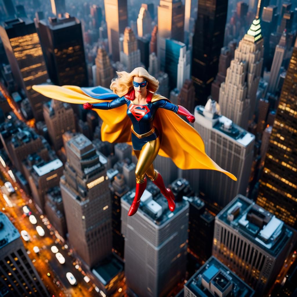 Superheroine Soaring Over New York: Tilt-Shift Photorealism