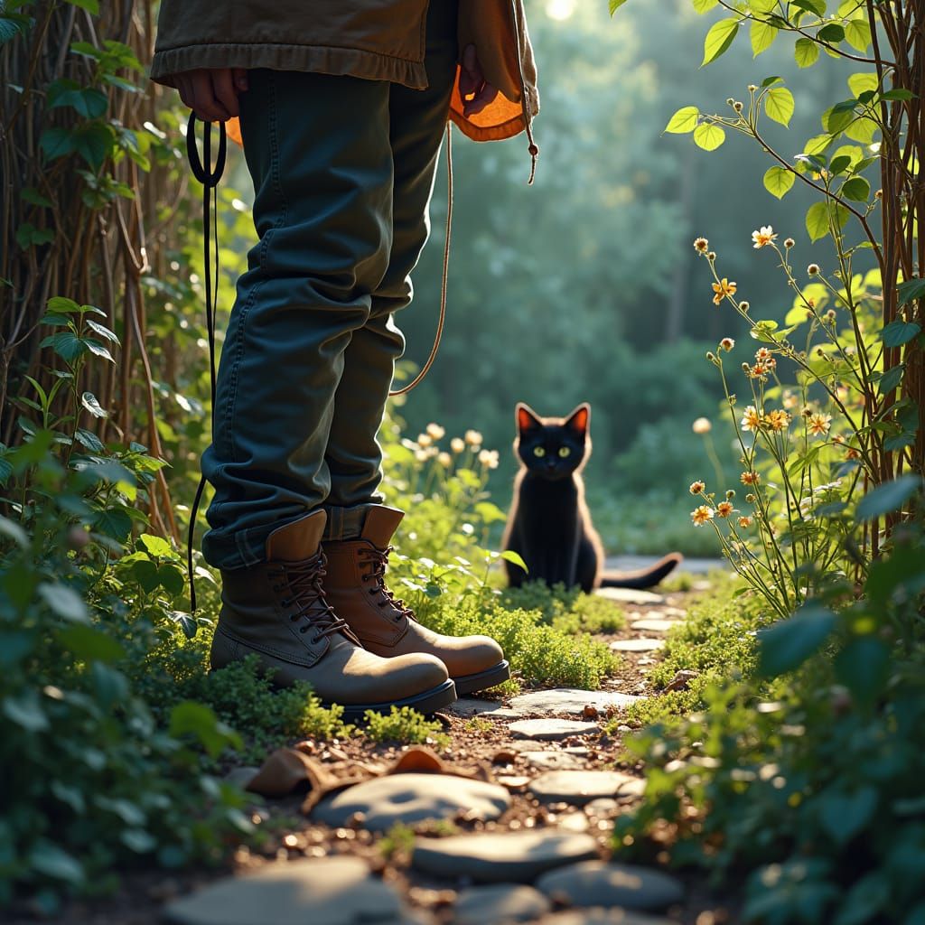 Curious Black Cat in Overgrown Garden, Fantasy Art