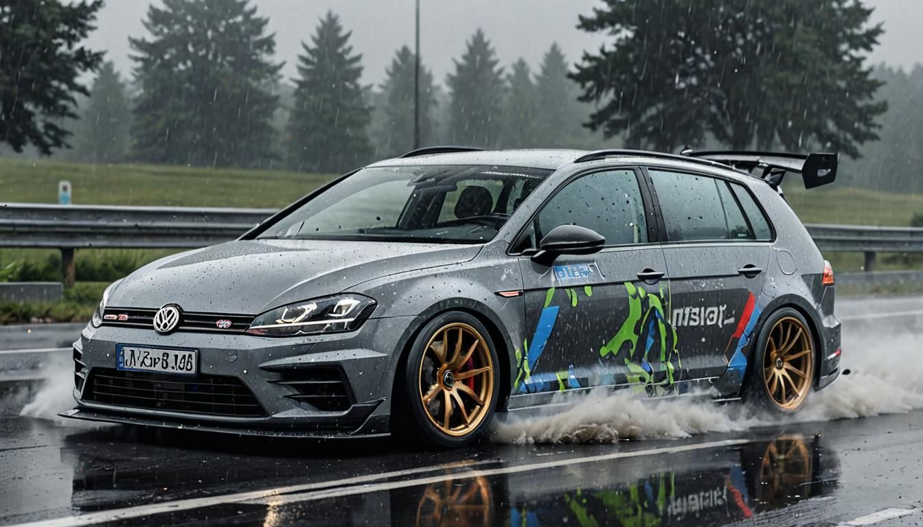 Widebody VW Golf 7R Drifting in the Rain
